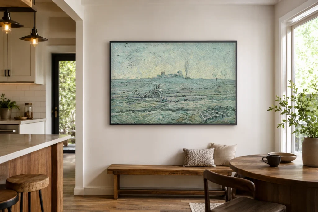 Snævi þakinn akur með herfi (eftir Millet), handmáluð olíuafrit af Van Gogh verki, innrömmuð á vegg í björtu rými í ljósuglegri loftíbúð.