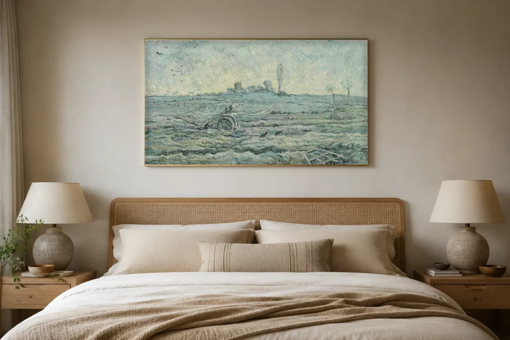 Snjóþakinn akur með herfi (eftir Millet), handmáluð olíumynd eftir Van Gogh í ramma á vegg í nútímalegu svefnherbergi með hlutlausum litum