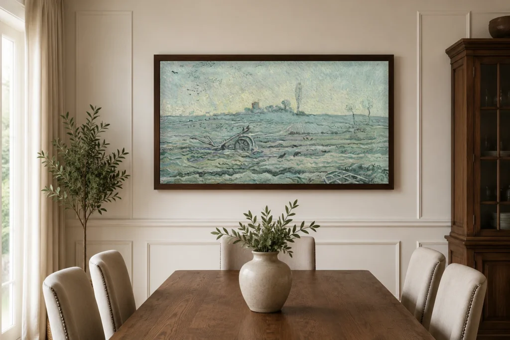Snævi þakinn akur með herfi (eftir Millet), handmáluð olíuafrit af Van Gogh verki, innrömmuð á vegg í björtu, opnu eldhúsi-og borðstofuhorni.