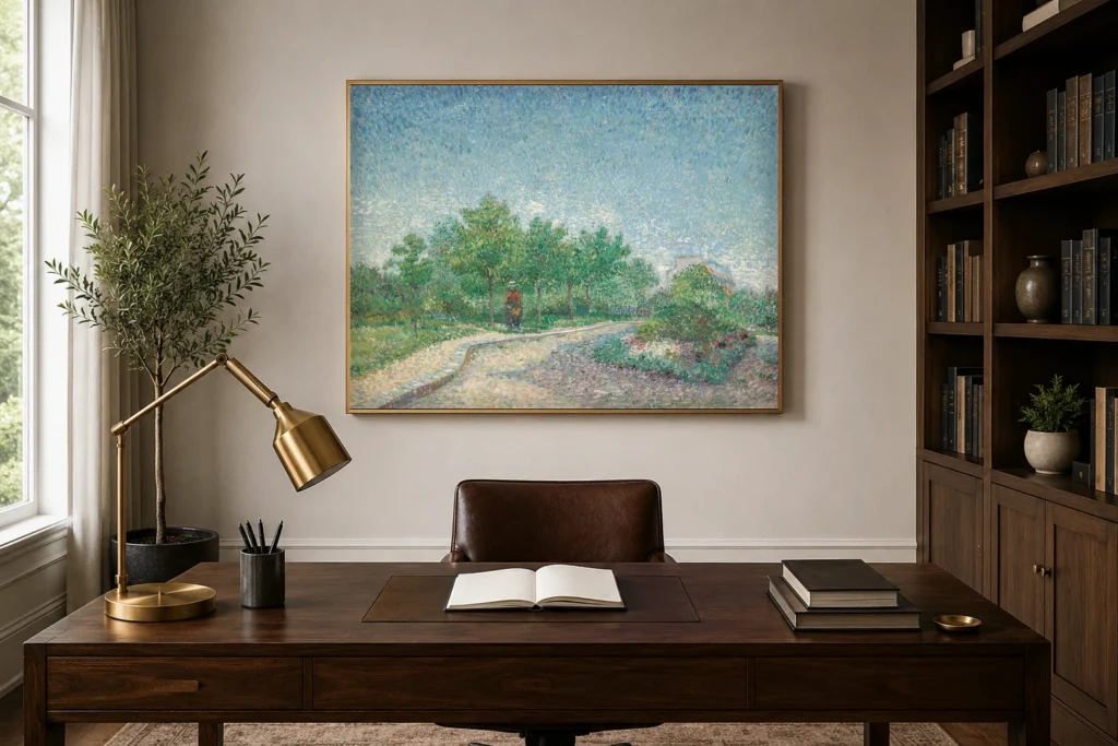 Square Saint-Pierre, París, handmáluð olíuafrit eftir Van Gogh í ramma á vegg í glæsilegri heimaskrifstofu