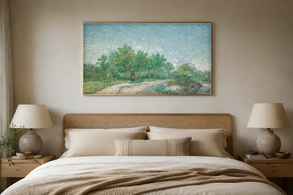 Square Saint-Pierre, París, handmáluð olíuafrit eftir Van Gogh í ramma á vegg í sólríku lofti
