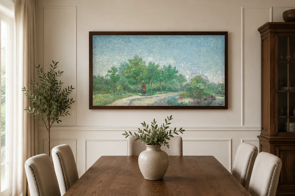 Square Saint-Pierre, París, handmáluð Van Gogh olíuafritun innrömmuð á vegg nútímalegs svefnherbergis í hlutlausum litum