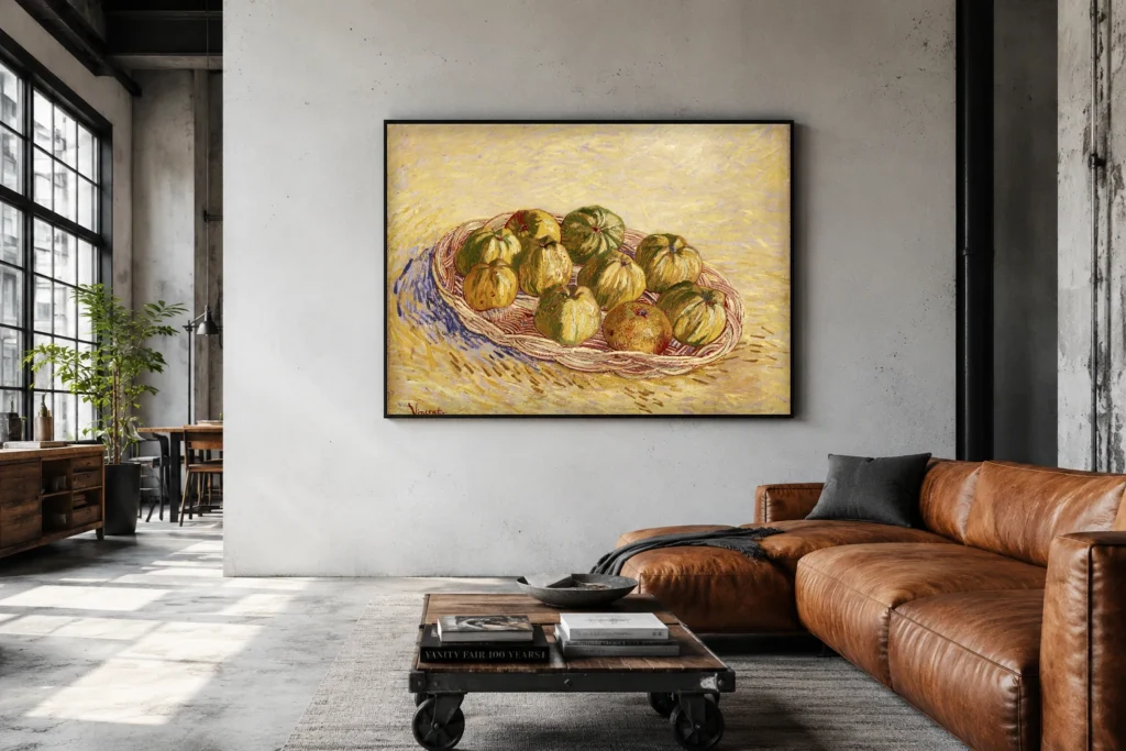 Asetelma, omenakori, käsin maalattu Van Goghin öljyjäljennös kehystettynä elegantin ruokasalin seinällä