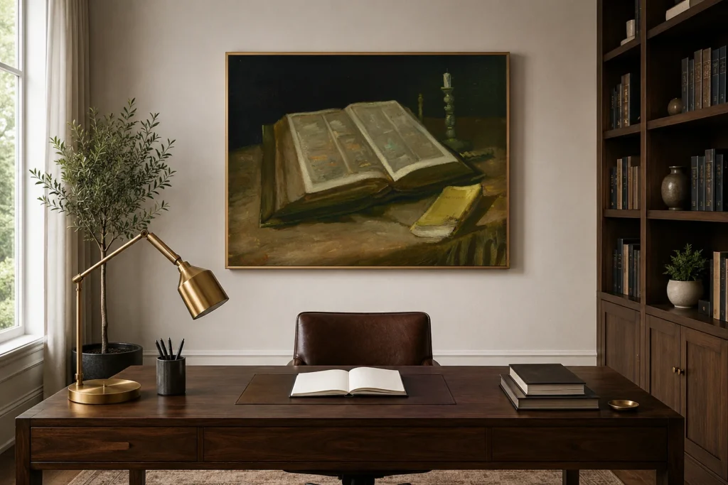 Kyrralíf með Biblíu, handmáluð Van Gogh olíumynd eftirgerð, rammuð upp á vegg í björtu nútímalegu stofu