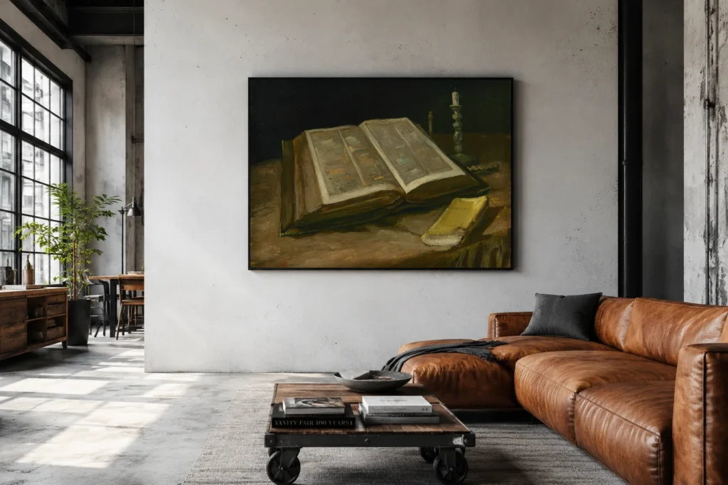 Kinn lífsins með Biblíu, handmáluð olíuafrit eftir Van Gogh, innrömmuð á vegg í vandaðri heimaskrifstofu