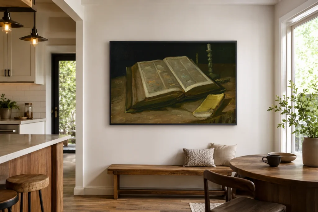 Kyrralíf með Biblíu, handmáluð Van Gogh olíumynd eftirgerð, rammuð upp á vegg í glæsilegri borðstofu