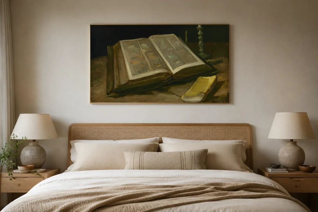 Kyrralíf með Biblíu, handmáluð olíuafrit af Van Gogh verki, innrömmuð á vegg í björtu lofthæðarrými