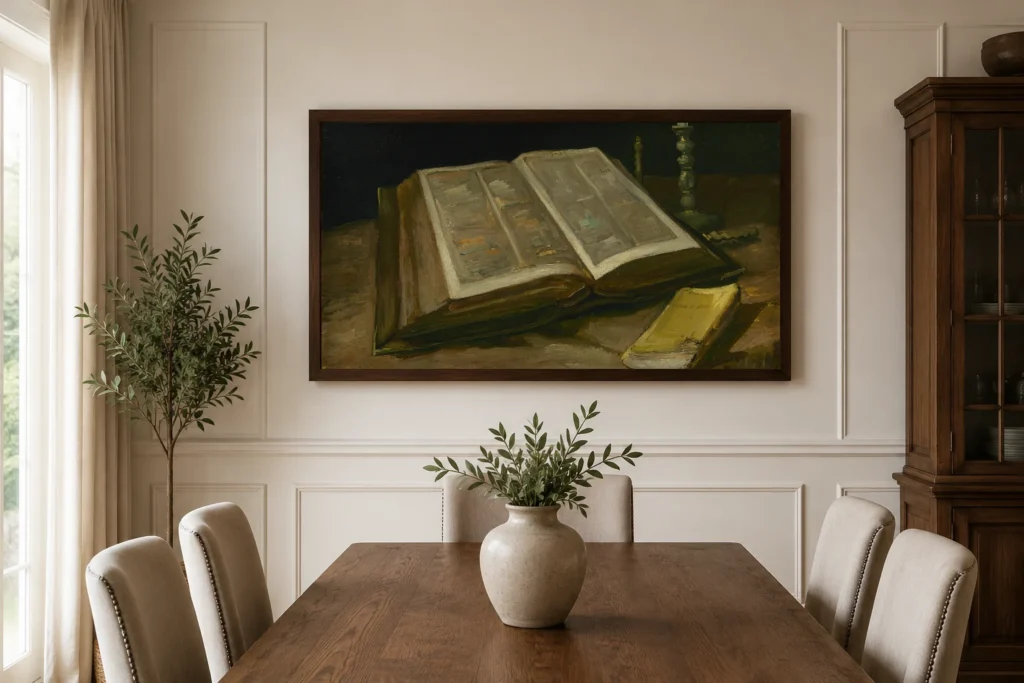 Kinnlífsmynd með Biblíu, handmáluð olíuafrit eftir Van Gogh í ramma á vegg nútímalegs svefnherbergis í hlutlausum litum