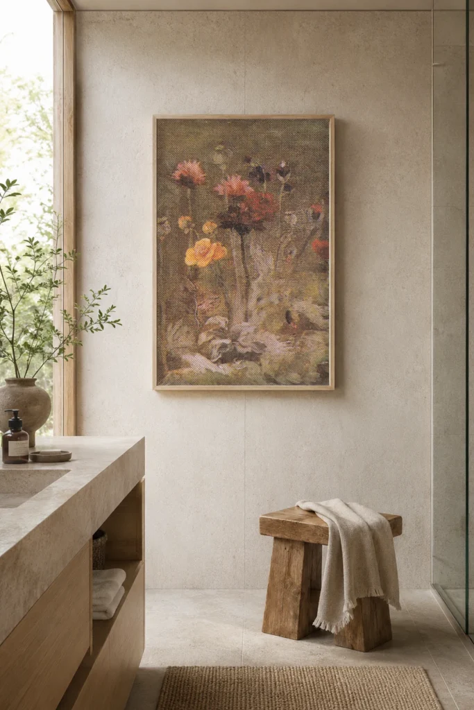 Asetelma scabioosalla ja leinikillä, käsin maalattu Van Gogh -öljyjäljennös kehystettynä tyylikkään pukeutumishuoneen seinällä