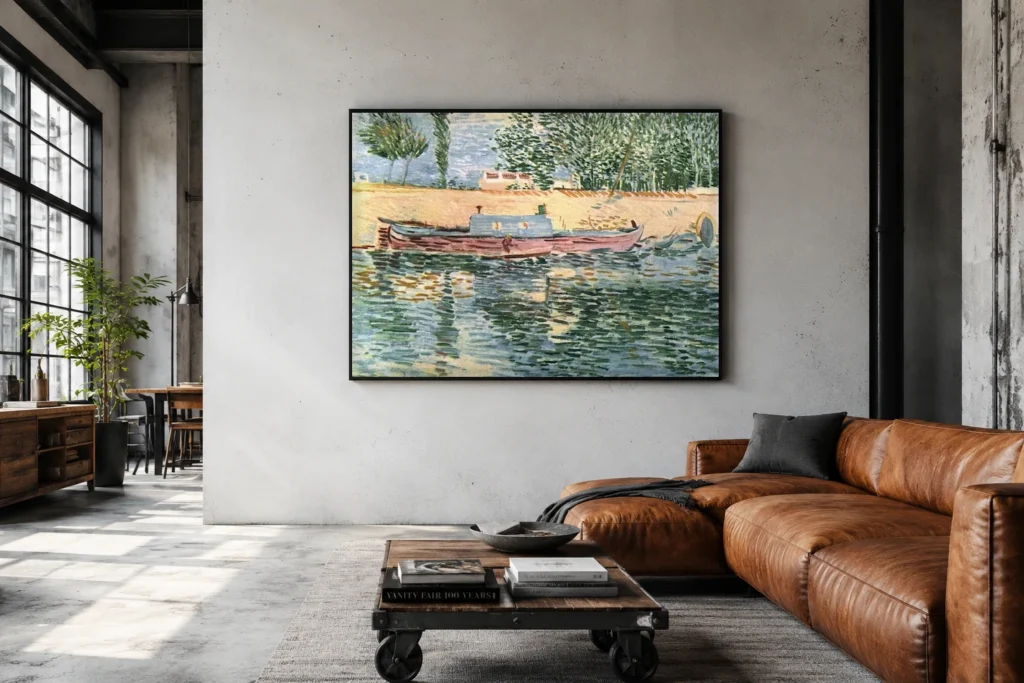 Břehy Seiny s čluny, ručně malovaná olejová reprodukce Van Gogha zarámovaná na stěně světlého moderního obývacího pokoje