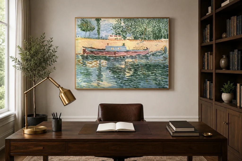 Břehy Seiny s loděmi, ručně malovaná van Goghova olejová reprodukce v rámu na zdi elegantní pracovny