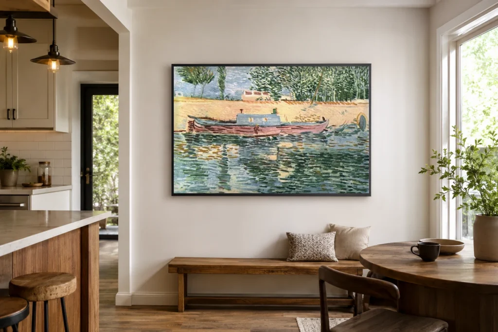 Břehy Seiny s loděmi, ručně malovaná reprodukce olejomalby od Van Gogha zarámovaná na stěně elegantní jídelny