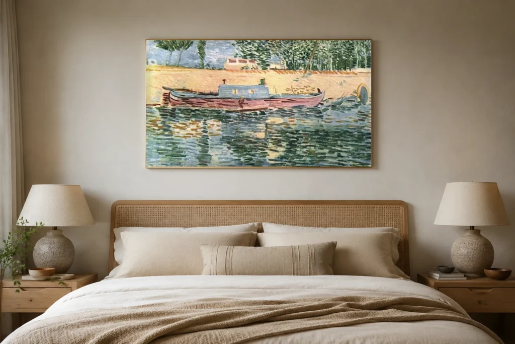 Břehy Seiny s loděmi, ručně malovaná reprodukce olejomalby Van Gogha zarámovaná na stěně prosluněného loftového obývacího prostoru.