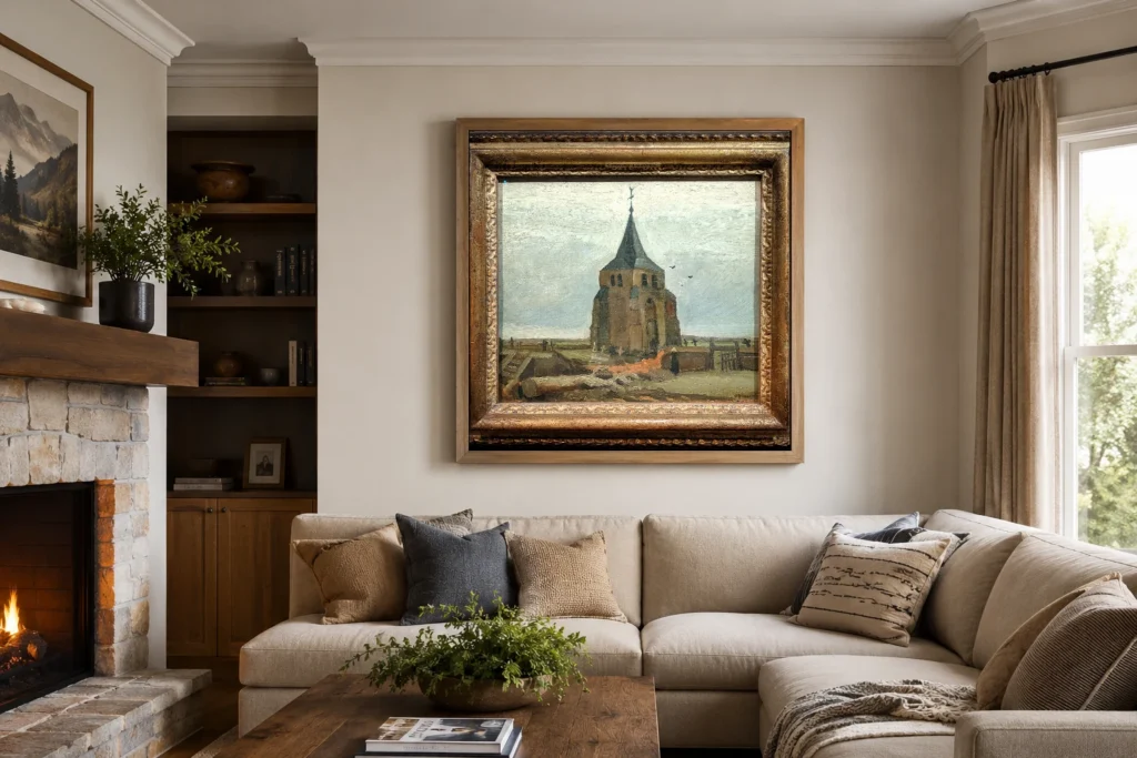 Gamla kirkjuturninn í Nuenen, handmáluð Van Gogh olíumynd (eftirmynd) í ramma á vegg nútímalegs svefnherbergis í hlutlausum litum