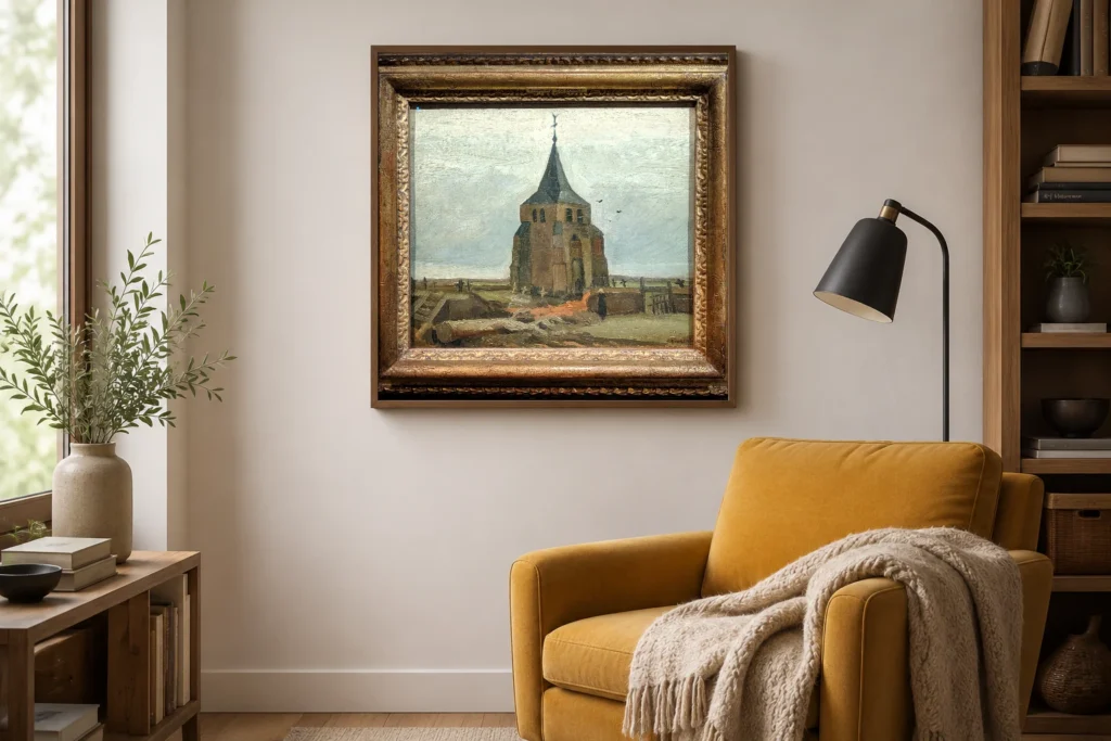 Gamla kirkjuturninn í Nuenen, handmáluð Van Gogh olíumynd (eftirmynd) í ramma á vegg björtu nútímalegu stofu