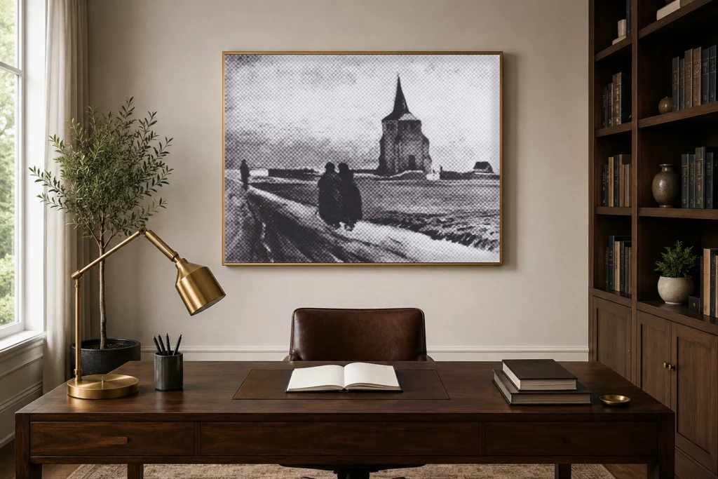 البرج القديم لنيونن مع أشخاص يمشون، لوحة زيتية مرسومة يدويًا مستوحاة من فان جوخ، مؤطرة على جدار غرفة نوم عصرية بألوان محايدة