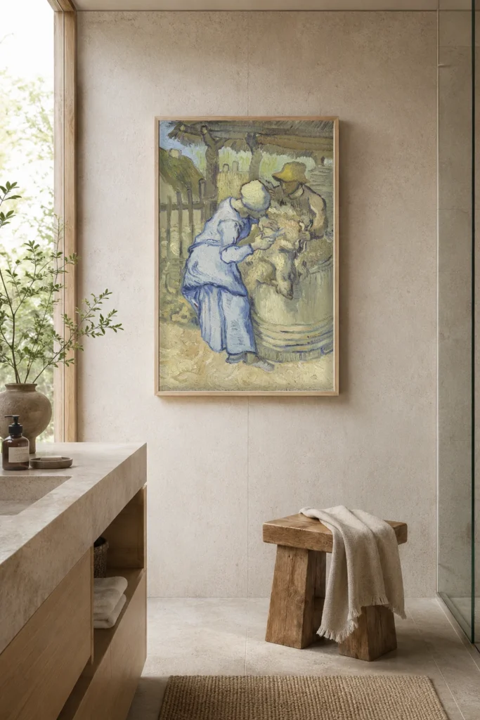 حلاق الأغنام (بعد ميليه)، لوحة زيتية مرسومة يدويًا تُحاكي أسلوب فان جوخ، مؤطرة على جدار غرفة نوم هادئة بتصميم بسيط
