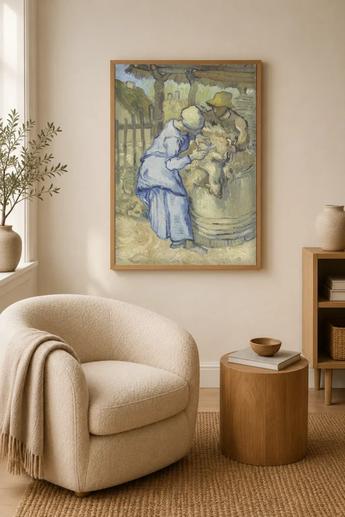 حلاق الأغنام (بعد ميليه)، لوحة زيتية مرسومة يدويًا تُحاكي أسلوب فان جوخ، مؤطرة على جدار ممر مدخل مضيء
