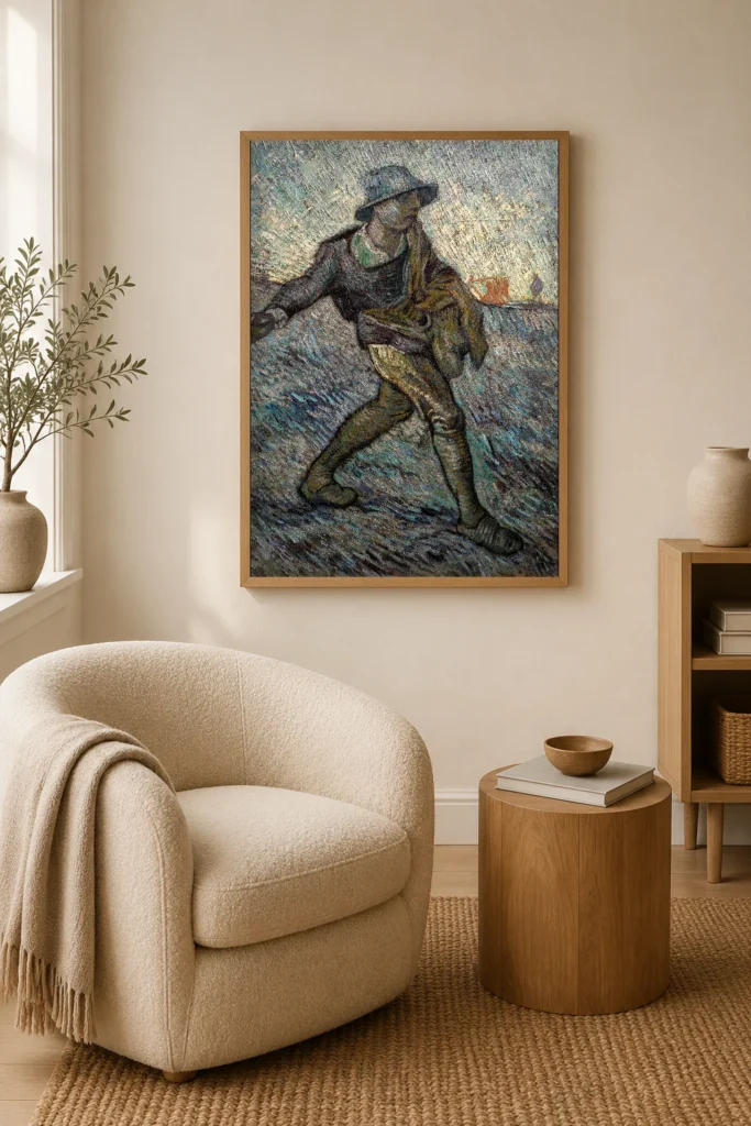 Ο Σπορέας (κατά Millet), ένα χειροποίητο λάδι σε καμβά από τον Van Gogh σε κορνίζα στον τοίχο ενός φωτεινού διαδρόμου στην είσοδο.