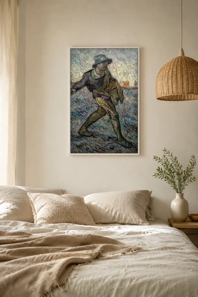 Ο Σπορέας (κατά Millet), ένα χειροποίητο λάδι σε καμβά από τον Van Gogh σε κορνίζα στον τοίχο ενός κομψού δωματίου μελέτης.