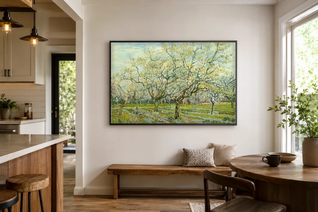بستان الخوخ الأبيض، لوحة زيتية مرسومة يدويًا مستنسخة عن فان جوخ، مؤطرة على جدار مدخل مشرق