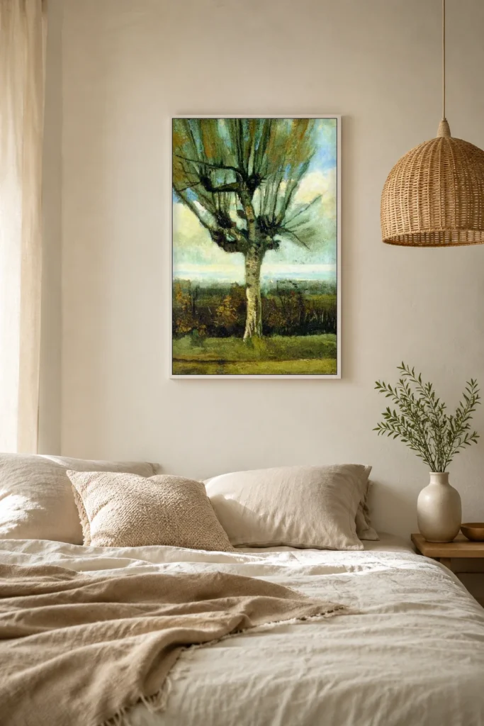 Vrba, ručně malovaná reprodukce olejomalby Vincenta van Gogha, zarámovaná na stěně klidné minimalistické ložnice