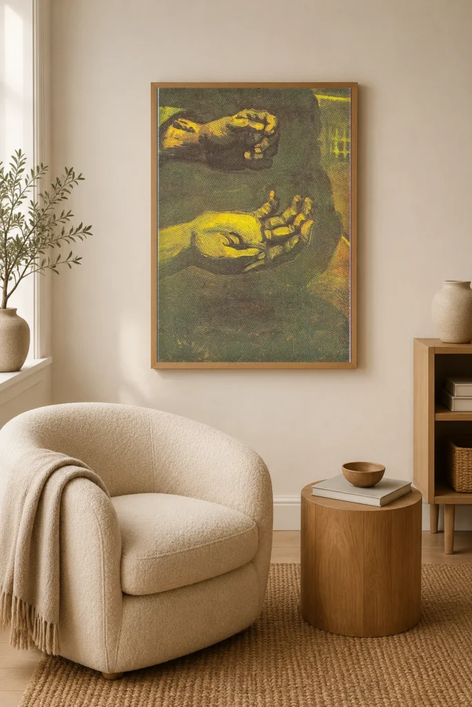 Dvě ruce, ručně malovaná olejová reprodukce obrazu Van Gogha zarámovaná na stěně elegantní šatny.