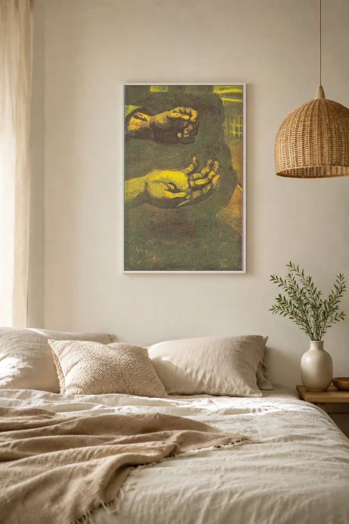 Dvě ruce, ručně malovaná olejová reprodukce Van Gogha zarámovaná na stěně klidné minimalistické ložnice.