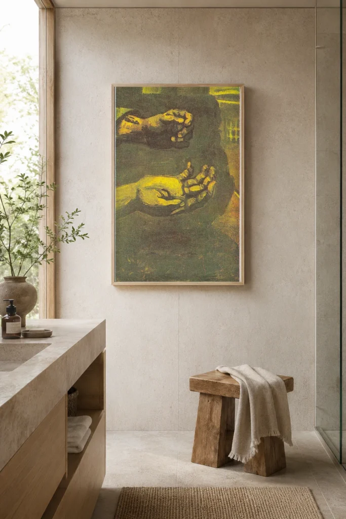 Dvě ruce, ručně malovaná reprodukce obrazu Van Gogha v rámu na stěně butikového hotelového apartmá.