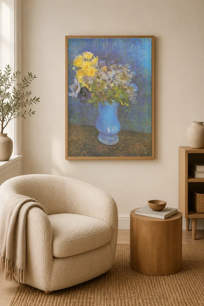 Vasi með bláberjalyngi, köngulóarblómum og anemónum, handmáluð olíuendurgerð eftir Van Gogh í ramma á vegg rólegs heilsulindarbaðherbergis.