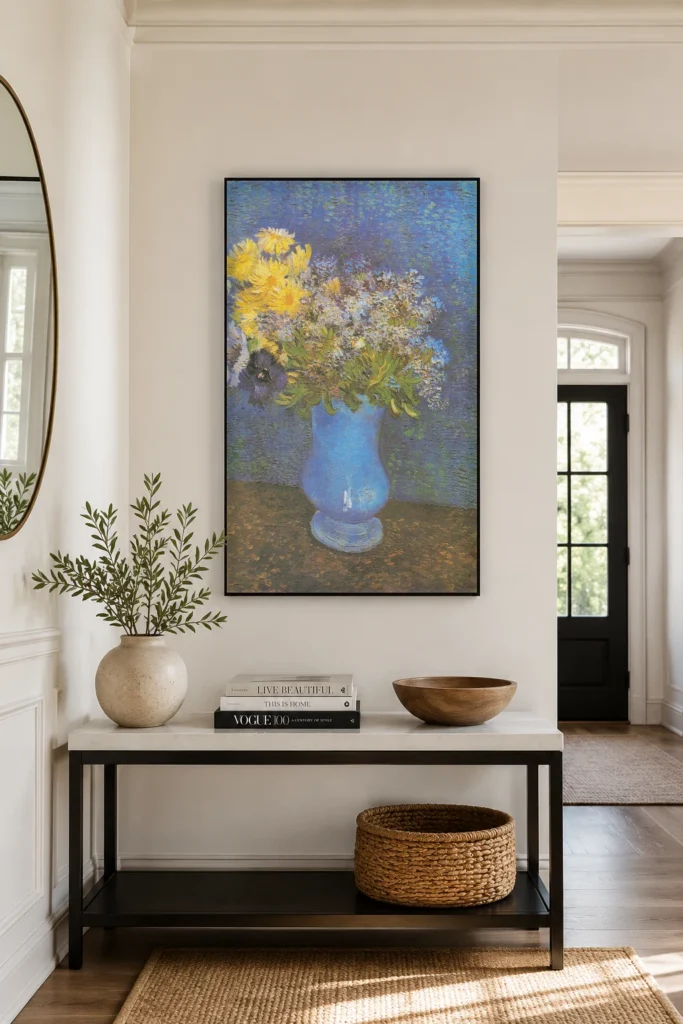 Vasi með lilac, daisies og anemones, handmáluð olíuafrit eftir Van Gogh innrammaður á vegg í glæsilegu búningsherbergi