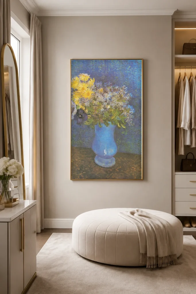 Vasi með bláberjalyngi, köngulóarblómum og anemónum, handmáluð olíuendurgerð eftir Van Gogh í ramma á vegg hlýlegrar skandinavískrar stofu.
