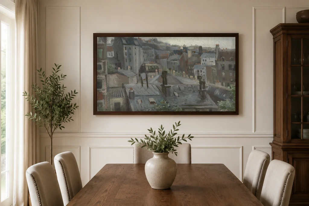 Útsýni úr vinnustofu Vincents, handmálaður Van Gogh olíuafritunarrammi á vegg í glæsilegu borðstofu