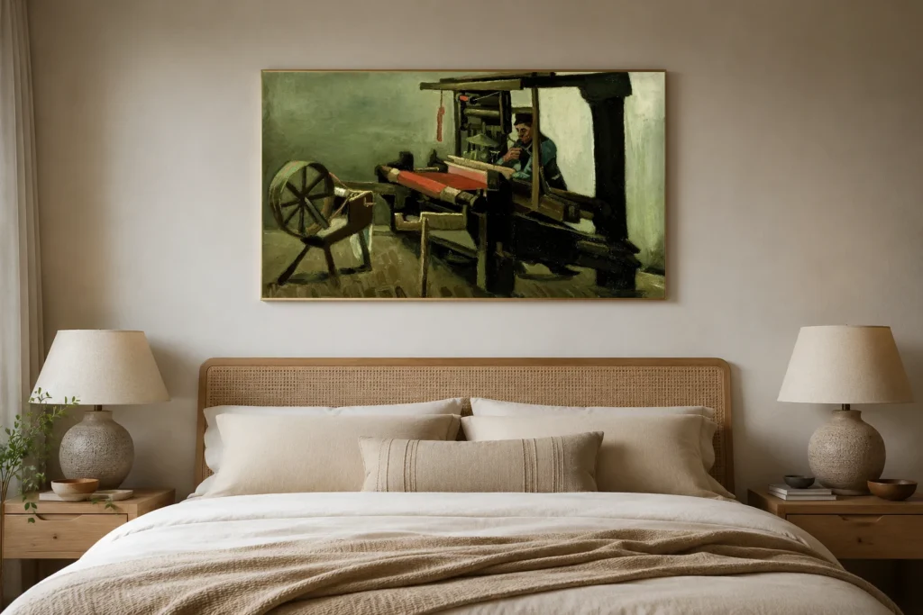 Kankuri kangaspuillaan, käsin maalattu Van Gogh -öljyjäljennös kehyksissä elegantin ruokailuhuoneen seinällä