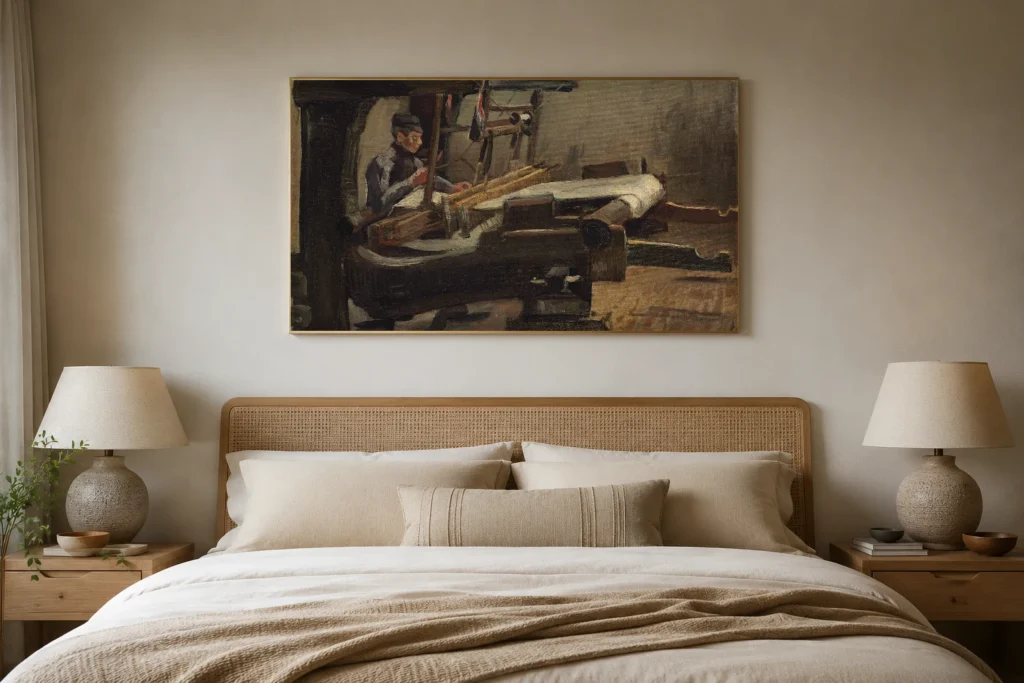 Tkalců obrácený doprava, ručně malovaná olejová reprodukce obrazu Van Gogha zarámovaná na stěně elegantní jídelny