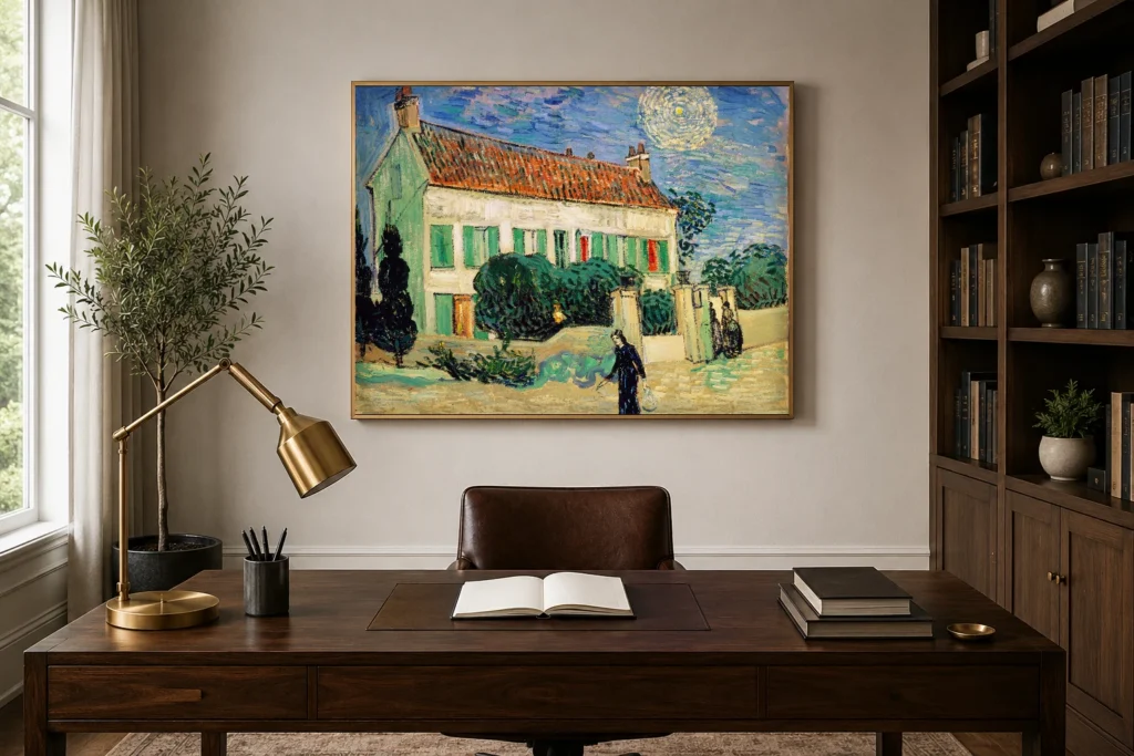 Valkoinen talo yöllä, käsin maalattu Van Goghin öljyvärijäljennös kehystettynä elegantin ruokasalin seinällä