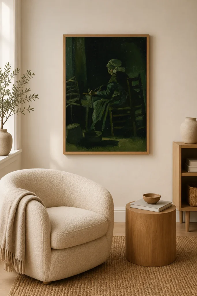 Žena navíjející přízi, ručně malovaná olejová reprodukce obrazu Van Gogha zarámovaná na stěně klidné minimalistické ložnice
