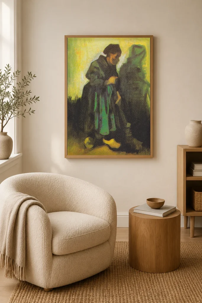 امرأة تحمل مكنسة، نسخة طبق الأصل مرسومة بالزيت يدويًا لأعمال فان جوخ، مؤطرة على جدار جناح فندقي فاخر