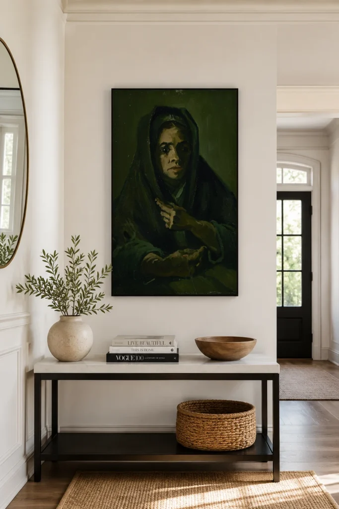 Žena se smutečním šátkem, ručně malovaná olejová reprodukce Van Gogha v rámu na stěně butikového hotelového apartmá