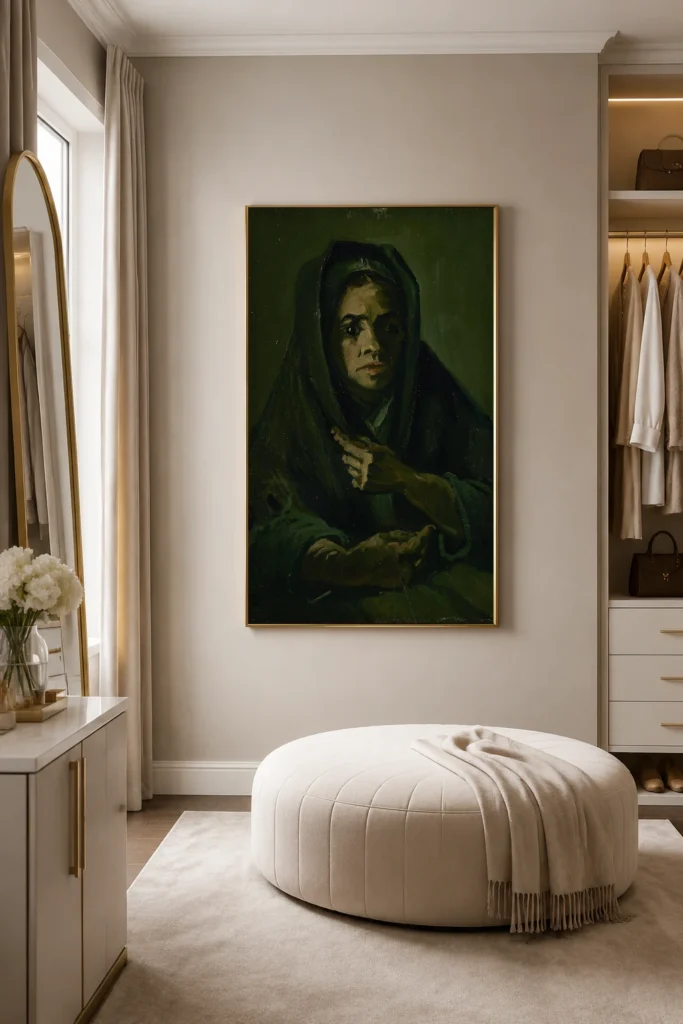Žena se smutečním šálem, ručně malovaná olejová reprodukce obrazu Van Gogha zarámovaná na stěně světlé vstupní chodby