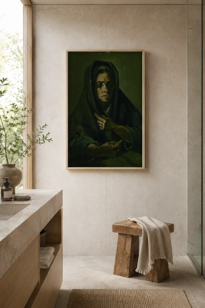 Žena se smutečním šátkem, ručně malovaná olejová reprodukce Van Gogha zarámovaná na stěně elegantní šatny
