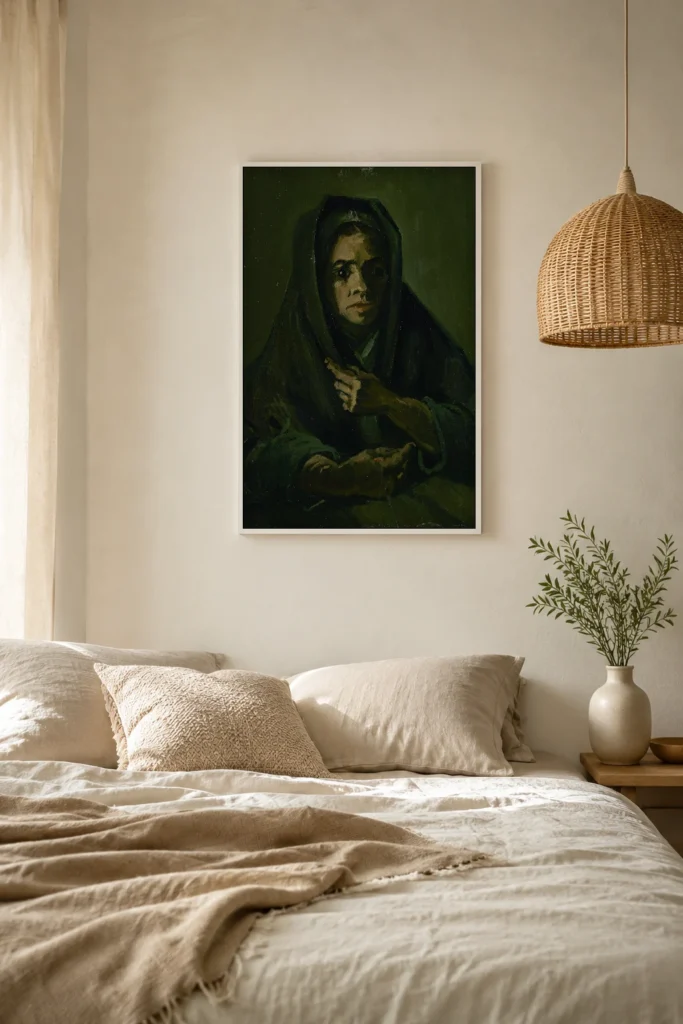 Žena se smutečním šátkem, ručně malovaná olejová reprodukce Van Gogha v rámu na zdi teplého skandinávského obývacího pokoje