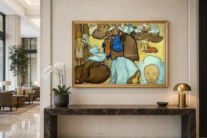 Εκτύπωση με κορνίζα του έργου Βρετόνες γυναίκες και παιδιά, κρεμασμένη σε τοίχο επιπλωμένου δωματίου