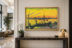 Εκτύπωση με κορνίζα των Καρβουνόβαρκων κρεμασμένη σε τοίχο σε επιπλωμένο δωμάτιο
