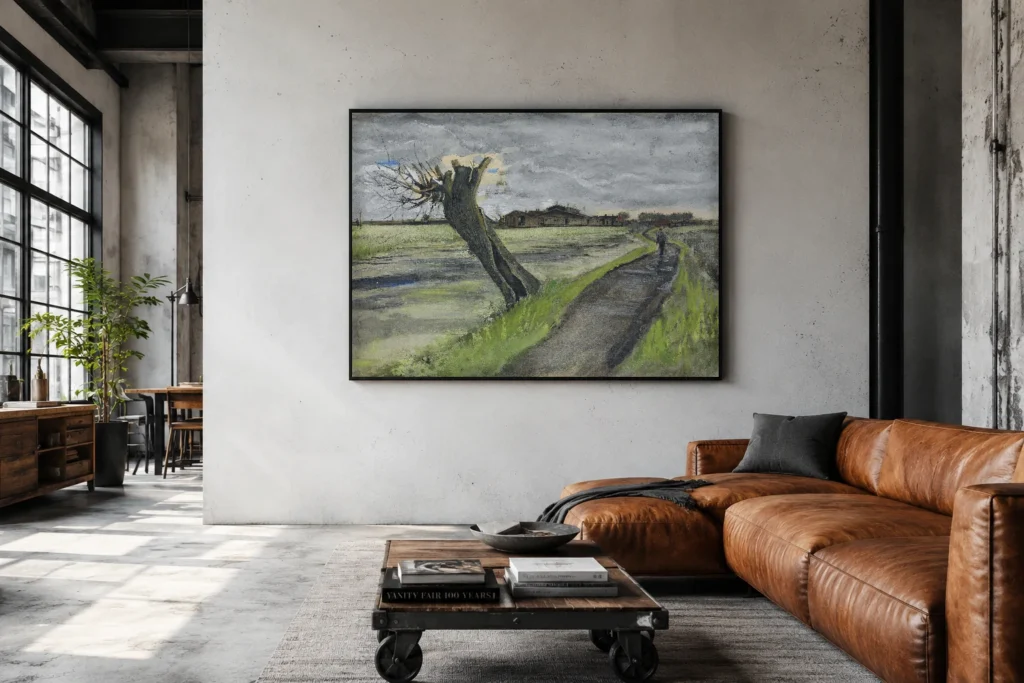 Kehystetty jäljennös Van Goghin teoksesta Pollard Willow seinällä kalustetussa huoneessa