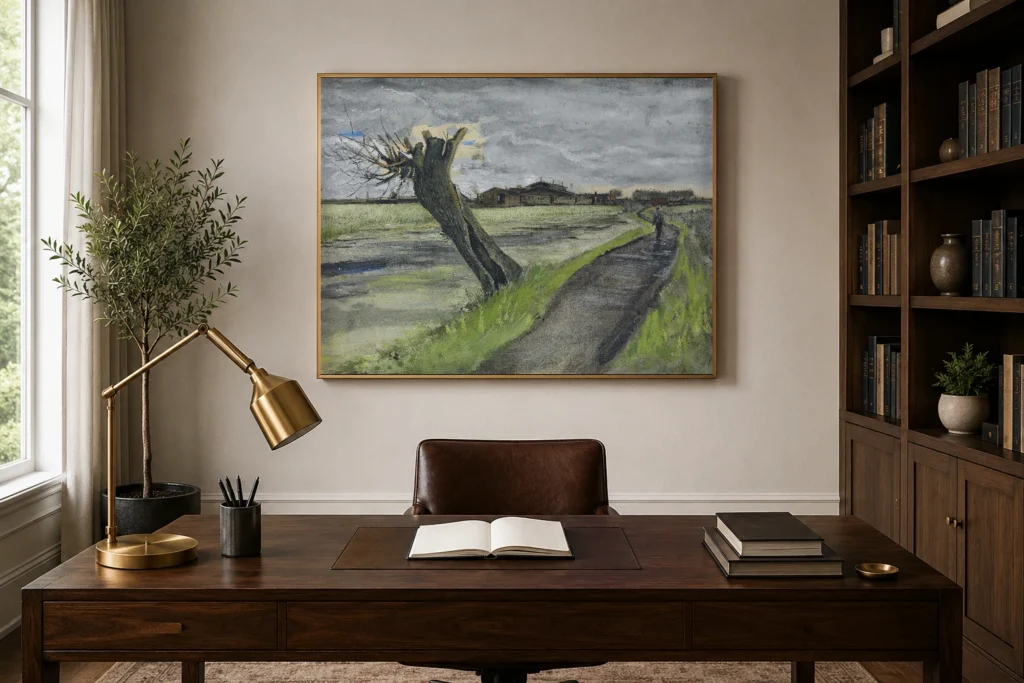 Kehystetty jäljennös Van Goghin teoksesta Pollard Willow seinällä kalustetussa huoneessa