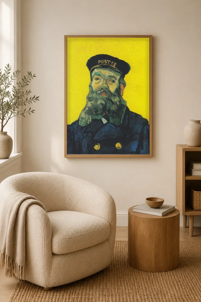 הדפס ממוסגר של דיוקן ז'וזף רולן תלוי על קיר בחדר מרוהט
