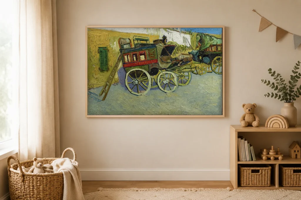 Innrammaður prentaður málverk Van Goghs af Tarascon-vagninum hangandi á vegg í húsgögnuðu herbergi