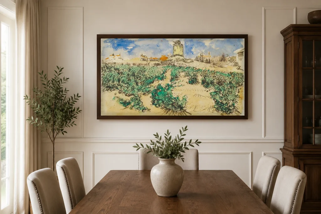 Kehystetty jäljennös Van Goghin teoksesta Alphonse Daudet'n mylly Fontvieillessä seinällä kalustetussa huoneessa
