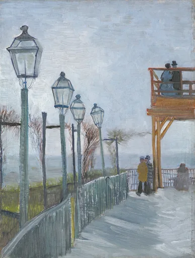 Verönd Moulin de Blute-Fin eftir Van Gogh: fjórir lampar til vinstri, fölur vetrarhiminn og trépallur til að njóta útsýnisins til hægri